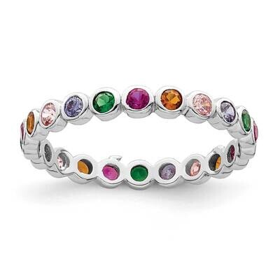 Multi-Color CZ Diamond Band Ring Sterling Silver Rhodium-Plated Polished QR7367-6, MPN: QR7367-6,