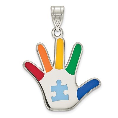 Enamel Autism with Puzzle Piece Handprint Pendant Sterling Silver Rhodium QC9343, MPN: QC9343, 8839…