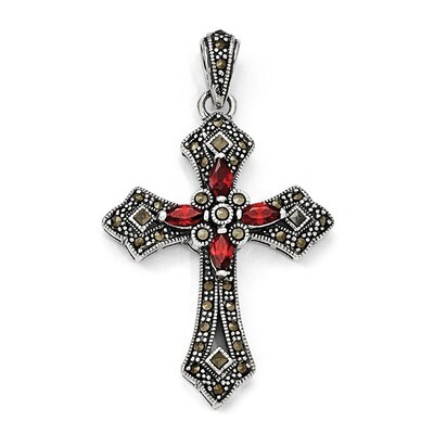 Red Cubic Zirconia &amp; Marcasite Cross Pendant Sterling Silver QC5279, MPN: QC5279, 191101560972
