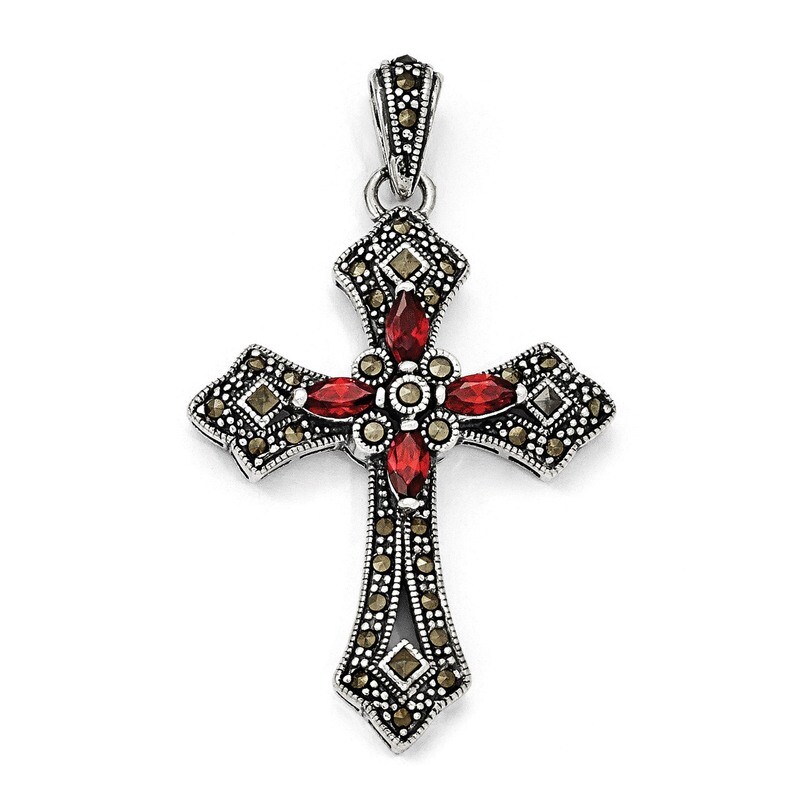 Red Cubic Zirconia & Marcasite Cross Pendant Sterling Silver QC5279