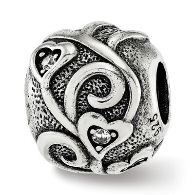 Antiqued CZ Hearts Bead Sterling Silver QRS3849, MPN: QRS3849,