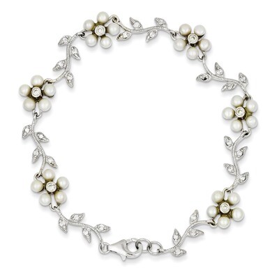 Cultured Pearl and Diamond Floral Bracelet Sterling Silver QG1805-7, MPN: QG1805-7, 191101275548