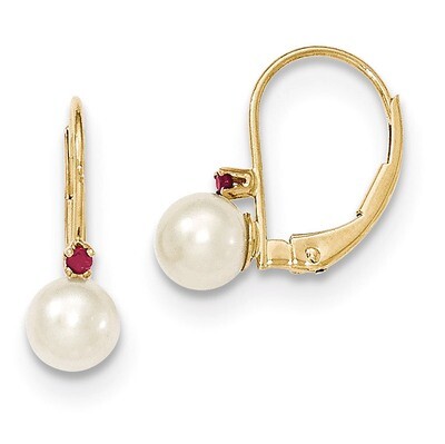 5-5.5mm White Cultured PEarringsl &amp; .02ct. Ruby Leverback Earrings 14k Gold XLB50R/PL, MPN: XLB50R/…