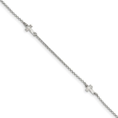 Diamond-cut Crosses with 1 inch Extender Anklet Sterling Silver Rhodium-plated QG4211-9, MPN: QG421…