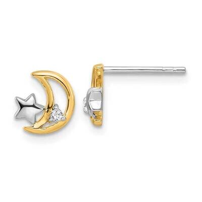 Gold-Plated Star and Moon CZ Diamond Post Earrings Sterling Silver Rhodium-Plated QE16471, MPN: QE1…