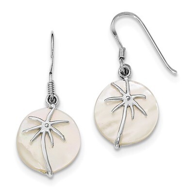 Mother of Pearl Palm Tree Round Earrings Sterling Silver Rhodium-plated Polished QE12487, MPN: QE12…