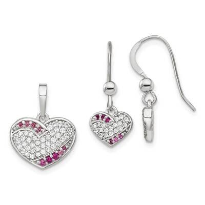 CZ Diamond Heart Dangle Earring &amp; Pendant Set Sterling Silver Rhodium-Plated QST266, MPN: QST266,