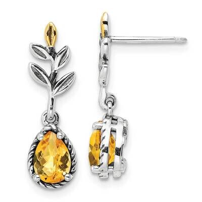 Sterling Silver with Leaf 1.26Ci Citrine Dangle Post Earrings 14k Gold QTC1767, MPN: QTC1767,
