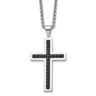 Black Genuine Leather Inlay Cross 20 Inch Necklace Stainless Steel Polished SRN1694-20 by Chisel, M…
