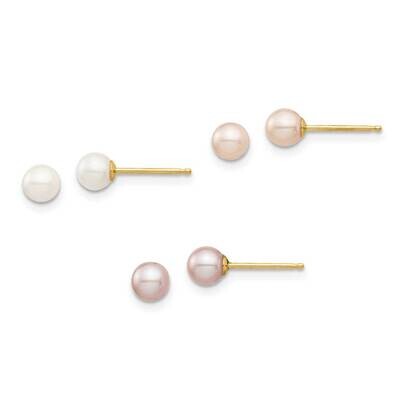 4-5mm White/Pink/Purple Round Freshwater Cultured Pearl Post Earrings Set 14k Gold SE2931 by Madi K…