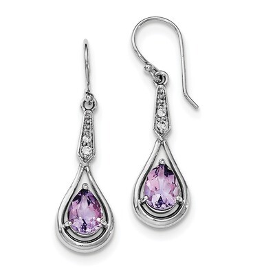 CZ Diamond &amp; Amethyst Dangle Earrings Sterling Silver Rhodium-plated QE12622AM, MPN: QE12622AM, 191…