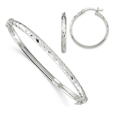 Bangle 4mm &amp; Hoop 3mm Earring Set Sterling Silver Diamond Cut QB1338SET, MPN: QB1338SET, 8839579618…
