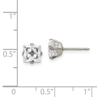 7mm Faceted Square Cubic Zirconia Earrings Stainless Steel Polished 356E, MPN: 356E,