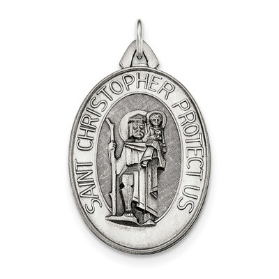 Satin Saint Christopher Medal Sterling Silver Antiqued QC8376, MPN: QC8376, 886774582764