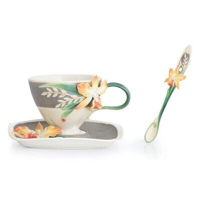 Franz Porcelain Magnificent Cattleya Orchid Cup Saucer Spoon Set FZ02866, MPN: FZ02866,