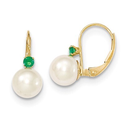 7-7.5mm White Cultured PEarringsl &amp; .09ct. Emerald Leverback Earrings 14k Gold XLB70E/PL, MPN: XLB7…