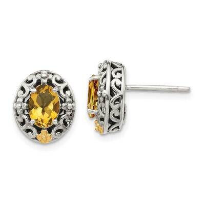Citrine Post Earrings Sterling Silver with 14k Gold Accent QTC1646, MPN: QTC1646, 883957622064