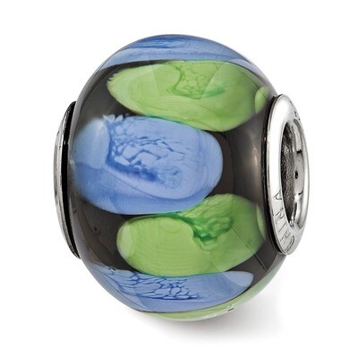 Blue and Green Dot Black Glass Bead Sterling Silver QRS3837, MPN: QRS3837,
