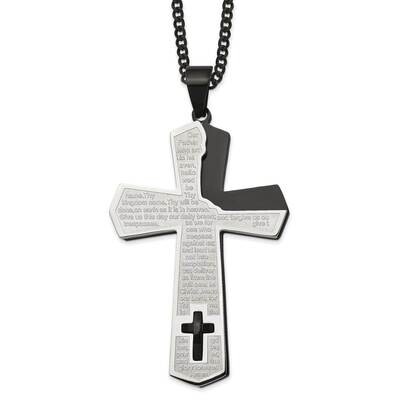 Black Ip-Plated Lord&#39;s Prayer Cross 24 Inch Necklace Stainless Steel Polished SRN2808-24 by Chisel,…
