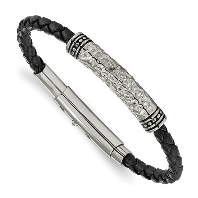 Stainless Steel Antiqued Polished Hammered Leather Adjustable 7.5 Inch to 8 Inch Bracelet Antiqued …