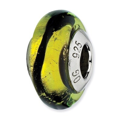 Lime Black Stripes Murano Bead - Sterling Silver QRS2209, MPN: QRS2209, 883957513003