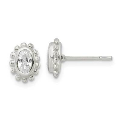 Beaded Edge Oval CZ Diamond Post Earrings Sterling Silver QE16124, MPN: QE16124, 196904169636