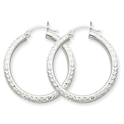 Diamond-cut 3mm Round Hoop Earrings 14k White Gold TC252, MPN: TC252, 883957289281