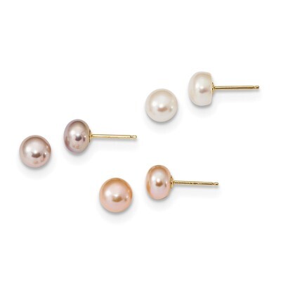 6-7mm Button Freshwater Cultured Pearl Boxed Set of 3 Post Earrings 14k Gold XF680SET, MPN: XF680SE…