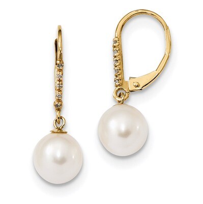 8-9mm White Round Fresh WaterC Pearl .05ct Diamond Leverback Earrings 14k Gold XF649E, MPN: XF649E,…