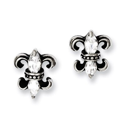 Antiqued Fleur de lis with Synthetic Diamond Post Earrings - Stainless Steel SRE598 by Chisel, MPN:…
