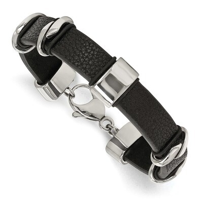 Black Leather Bracelet Stainless Steel Polished SRB1981-8.5 by Chisel, MPN: SRB1981-8.5, 1911016039…