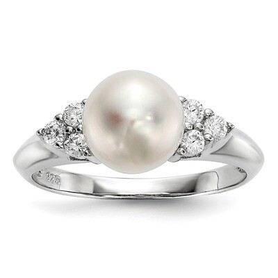 8-9mm White Button Cultured Freshwater Pearl CZ Diamond Ring Sterling Silver Rhodium-plated QR6544,…
