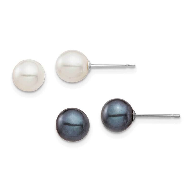 6-7mm Round White and Black Cultured Freshwater Pearl 2 Earrings Set 14k White Gold XFW690ESET