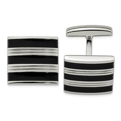 Grooved Black Rubber Stripes Cufflinks Stainless Steel Polished SRC345 by Chisel, MPN: SRC345, 8867…