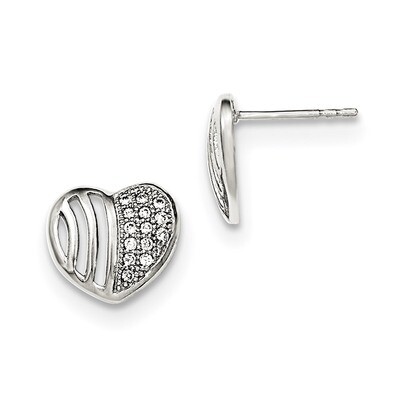 CZ Diamond Heart Post Earrings Sterling Silver Polished QE12431, MPN: QE12431,