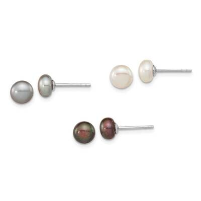 6-7mm Set of 3 Wt Bk Grey Button Fwc Pearl Earrings Sterling Silver Rhodium-Plated QE16322, MPN: QE…
