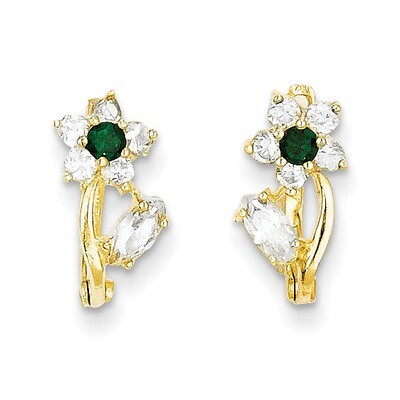 Synthetic Diamond May Birthstone Flower Hinged Hoop Earrings - 14k Gold SE2407 by Madi K, MPN: SE24…