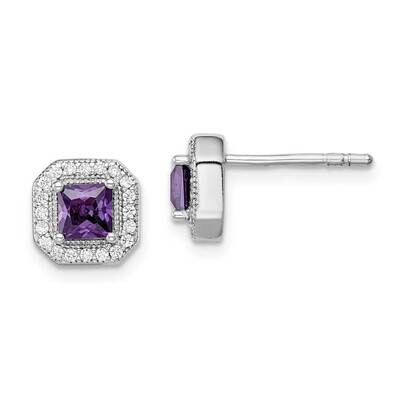 Purple &amp; Clear CZ Diamond Post Earrings Sterling Silver Rhodium Plated QE14470FEB, MPN: QE14470FEB,…