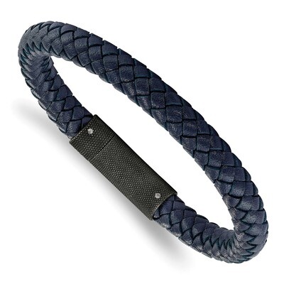 Blue Leather Braided 8.5 Inch Bracelet Stainless Steel Brushed SRB2219-8.5 by Chisel, MPN: SRB2219-…
