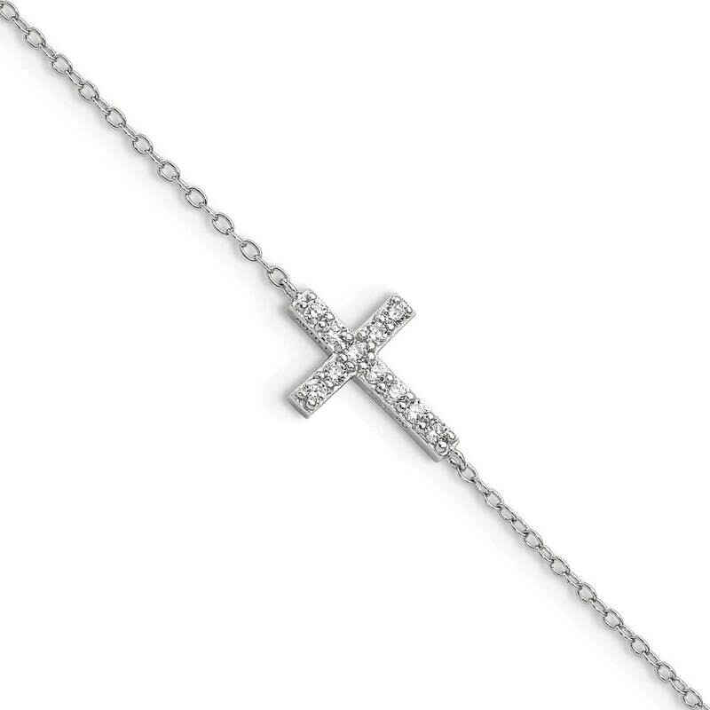 CZ Diamond Sideways Cross W 1 Inch Extender Bracelet 7 Inch Sterling Silver QG3470-7