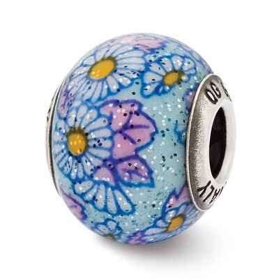 Blue Floral Decorative Overlay Glass Be - Sterling Silver QRS2489, MPN: QRS2489, 883957534046