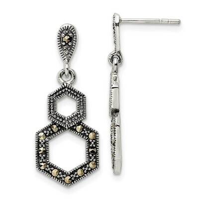 Marcasite Hexagon Post Dangle Earrings Sterling Silver Antiqued QE15711, MPN: QE15711, 196904154526