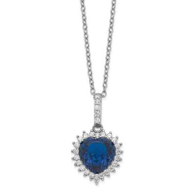 Heart Lab cr Dark Blue Spinel &amp; CZ Diamond 18 Inch Necklace Sterling Silver Rhodium Plated QCM506-1…