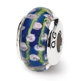 Blue Floral Hand-blown Glass Bead - Sterling Silver QRS641, MPN: QRS641, 883957725512