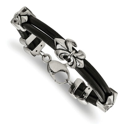 Fleur De Lis Black Leather Bracelet Stainless Steel Polished Antiqued SRB2051-8.5 by Chisel, MPN: S…
