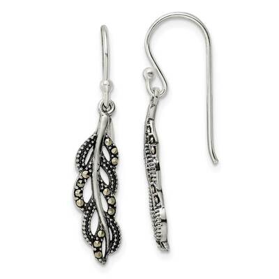 Marcasite Feather Dangle Earrings Sterling Silver Antiqued QE16544, MPN: QE16544, 196904167151