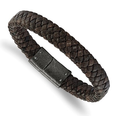 Brown Braided Genuine Leather 8.25 Inch Bracelet Stainless Steel Brushed SRB2205-8.25 by Chisel, MP…