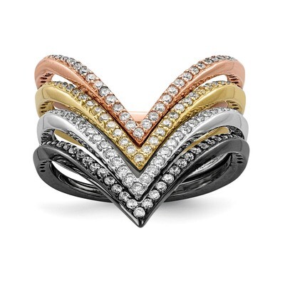 Black-plate Gold Rose-tone CZ Diamond 4 Ring Set Sterling Silver Rhodium QR6739, MPN: QR6739, 88395…