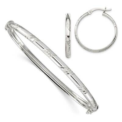 Bangle 4mm &amp; Hoop 3mm Earring Set Sterling Silver Diamond Cut QB1334SET, MPN: QB1334SET, 8867740687…