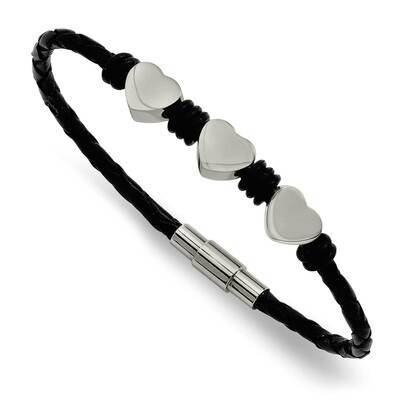 Black Leather Polished Hearts 7.5 Inch Bracelet Stainless Steel SRB871-7.5 by Chisel, MPN: SRB871-7…